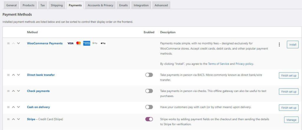 Configuration screen to setup payments in WooCommerce