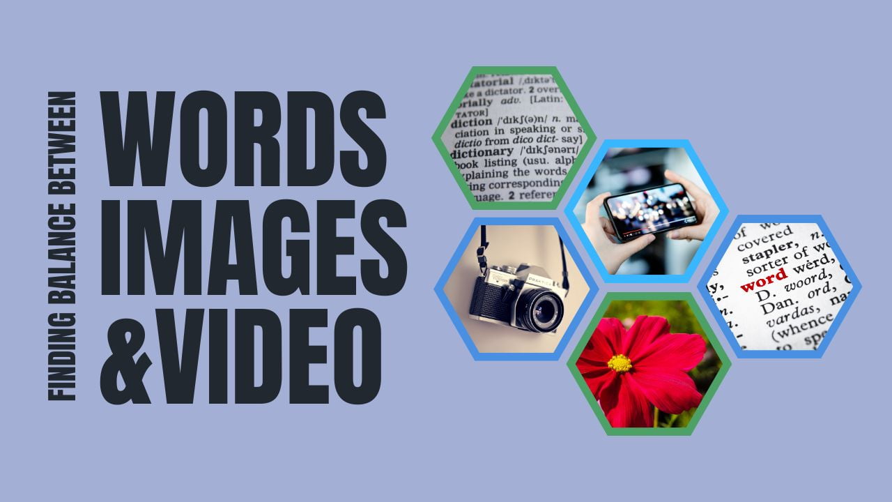 Illustration: Discover the Secrets to Balancing Words, Images, and Videos - featured image for blog post, with small photos of camera, words, smartphone and a flower
