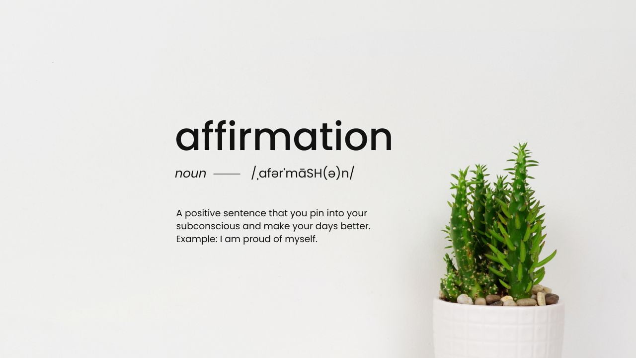 affirmation dictionary definition on a graphic with a plant.