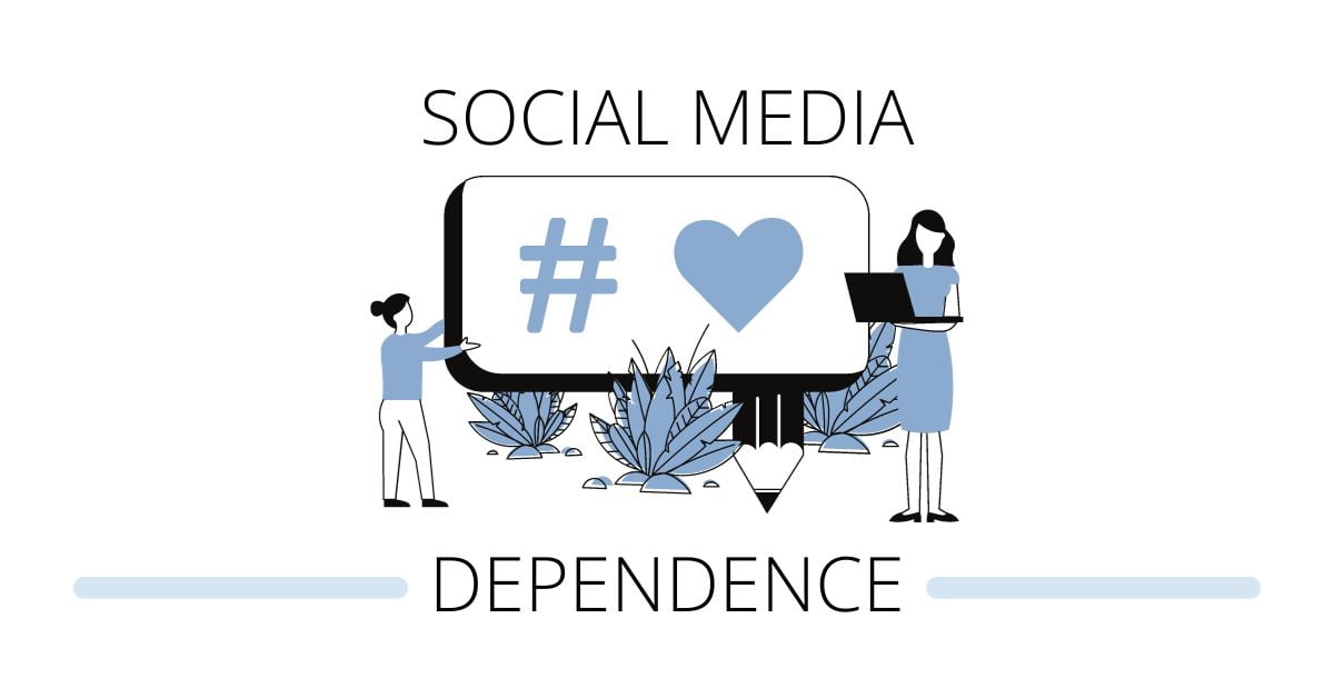 illustration of a woman positioning a billboard sign and another woman holding a laptop with the title social media dependance on the graphic.