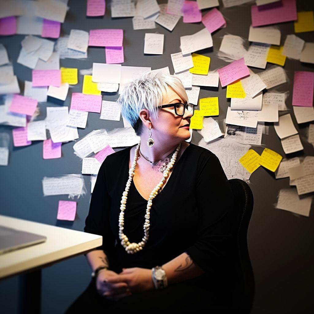 grey haired woman sitting at her desk, looking over her shoulder at a wall of post it note ideas.